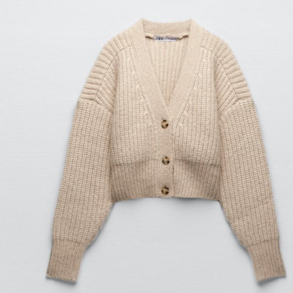 ZARA V NECK RIBBED HEAVY KNIT BUTTON DOWN SWEATER - Picture 1 of 14